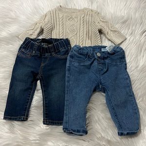 One beige sweater size 0-3. 2 pair of jeans one gap 3-6. H&M size 0/3